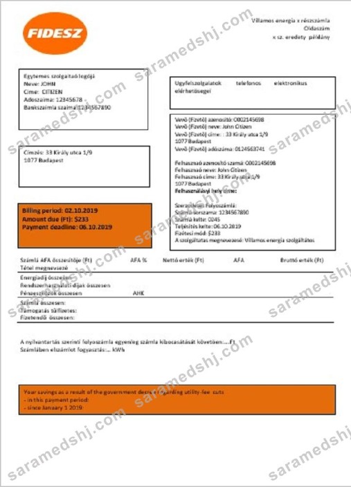Hungary FIDESZ easy to fill utility bill